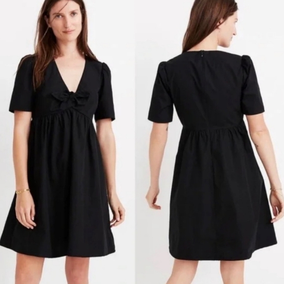 Madewell Black Tie-Front Mini Dress Size 12 NWT Cotton Empire Waist V-Neck - Picture 1 of 13